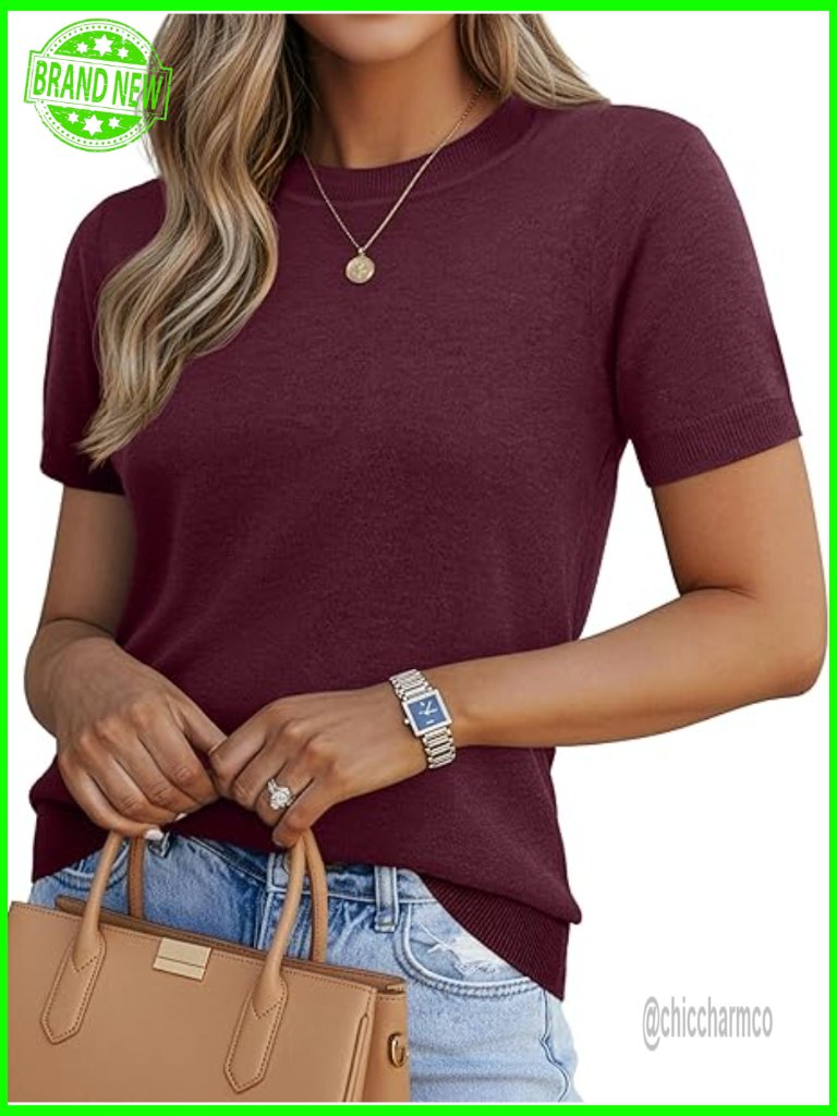 Lightweight Wool Blend Short Sleeve Pullover Sweater - Business Casual Knit Top